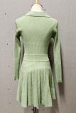Sweet Solid Buttons V Neck Long Sleeve Two Pieces