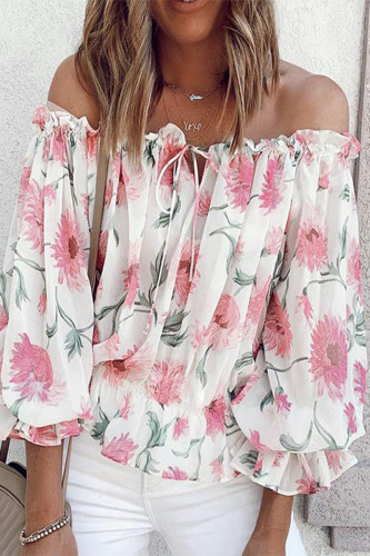 Sweet Elegant Floral Frenulum Off the Shoulder T-Shirts