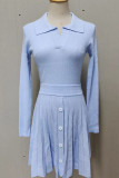 Sweet Solid Buttons V Neck Long Sleeve Two Pieces