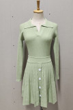 Sweet Solid Buttons V Neck Long Sleeve Two Pieces