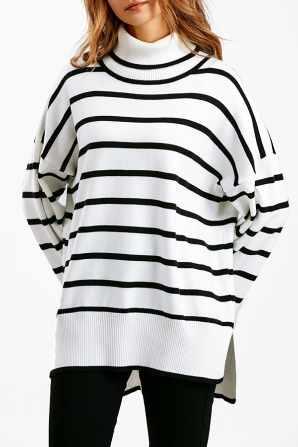 Casual Striped Contrast Turtleneck Tops