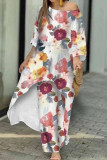 Casual Print Asymmetrical O Neck Three Quarter Two Pieces
