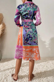 Elegant College Print Bandage Turndown Collar Shirt Dress Dresses