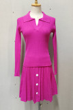 Sweet Solid Buttons V Neck Long Sleeve Two Pieces