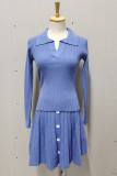 Sweet Solid Buttons V Neck Long Sleeve Two Pieces