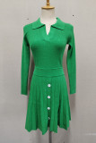 Sweet Solid Buttons V Neck Long Sleeve Two Pieces