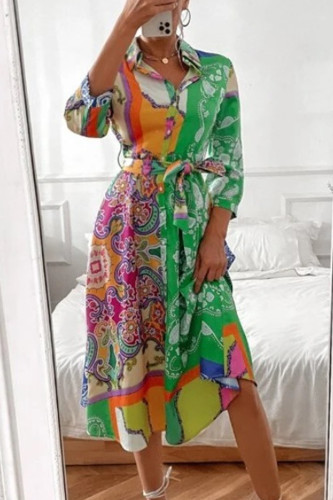 Elegant College Print Bandage Turndown Collar Shirt Dress Dresses
