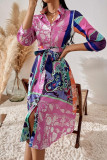 Elegant College Print Bandage Turndown Collar Shirt Dress Dresses