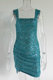 Sexy Solid Sequins Fold Square Collar One Step Skirt Dresses