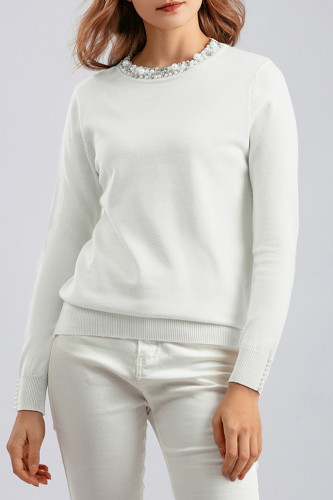 Casual Solid Beading O Neck Tops
