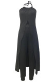 Elegant Solid Slit Halter Sleeveless Two Pieces