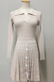 Sweet Solid Buttons V Neck Long Sleeve Two Pieces