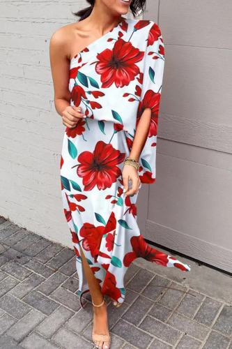 Fashion Print Patchwork One Shoulder Waist Skirt Dresses