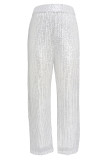 Casual British Style Solid Sequins Loose Low Waist Straight Solid Color Bottoms