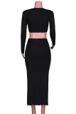Sexy Solid Slit O Neck Long Sleeve Two Pieces