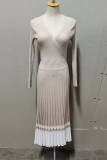Elegant Striped Patchwork V Neck Pleated Dresses