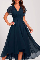 Blue Short Sleeve Plain Midi Dress