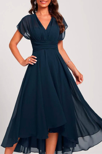 Blue Short Sleeve Plain Midi Dress