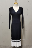 Elegant Striped Patchwork V Neck Pleated Dresses