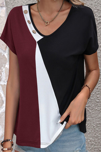 Casual Color Block Contrast V Neck T-Shirts
