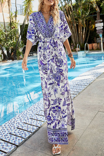 Bohemian Elegant Print Slit V Neck Irregular Dress Dresses
