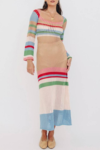 Sexy Vacation Color Block Hollowed Out Contrast Square Collar Beach Dress Dresses