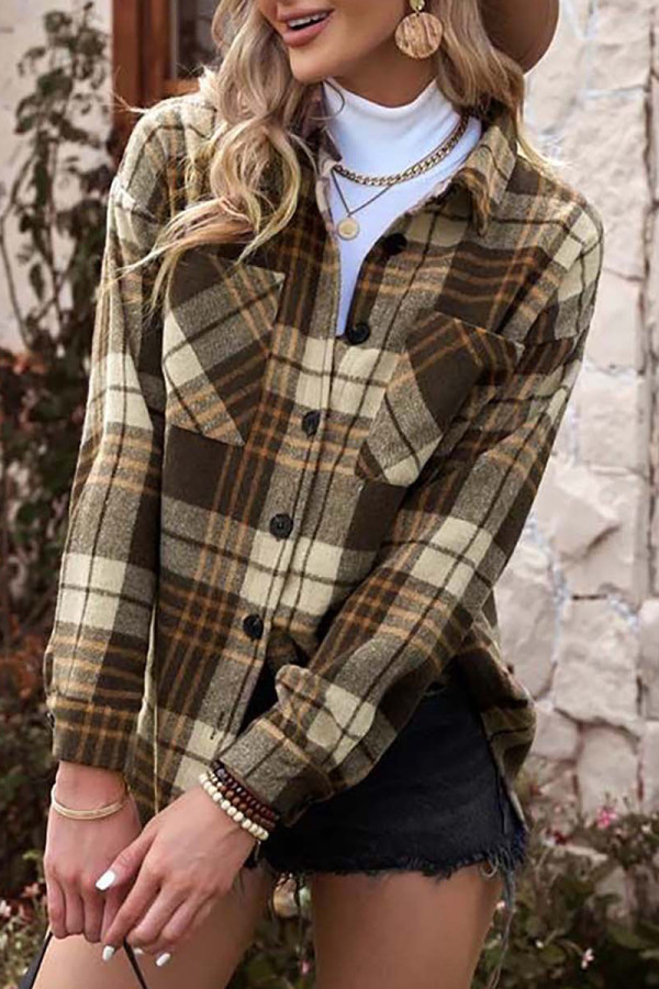 Casual Plaid Patchwork Turndown Collar Tops