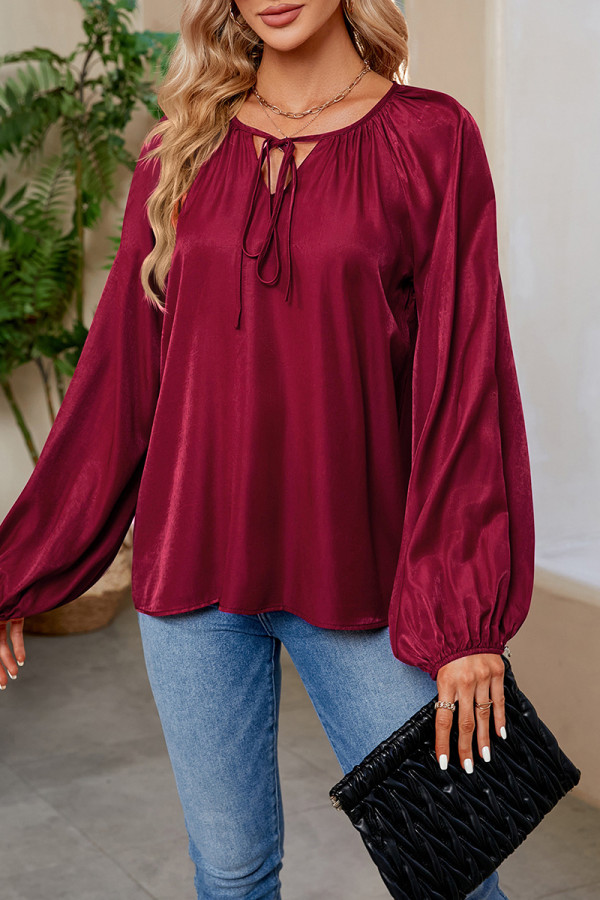Casual Simplicity Solid Frenulum V Neck Tops