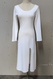 Casual Simplicity Solid Slit O Neck A Line Dresses