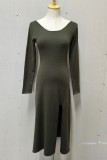 Casual Simplicity Solid Slit O Neck A Line Dresses
