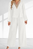 Casual Solid Lace Patchwork V Neck Long Sleeve Two Pieces