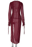 Sexy Solid Frenulum See-through V Neck A Line Dresses