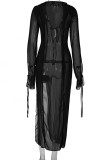 Sexy Solid Frenulum See-through V Neck A Line Dresses