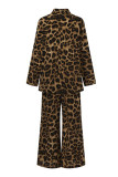 Casual Leopard Patchwork Turndown Collar Long Sleeve Two Pieces