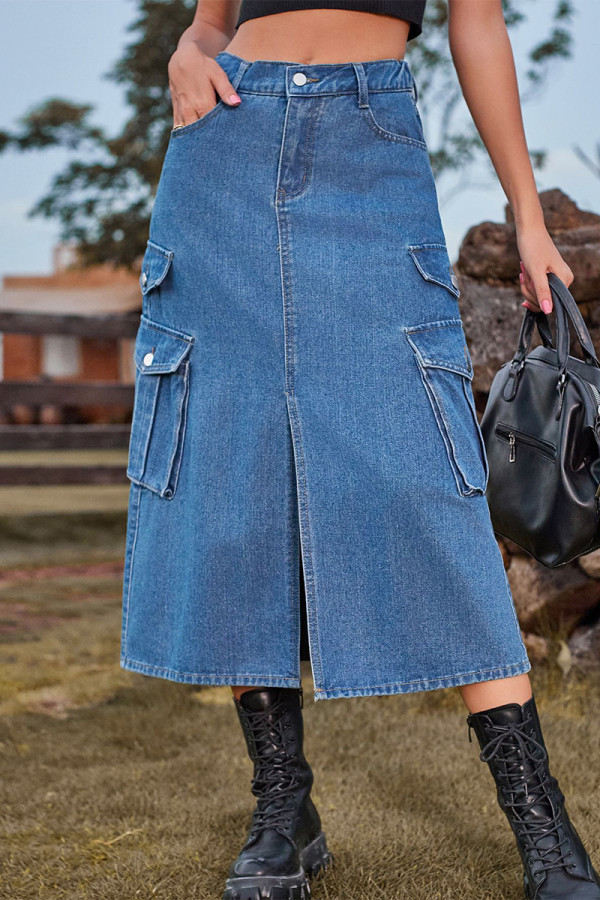 Casual Street Solid Slit High Waist Denim Skirts