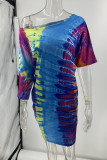 Street Print Patchwork Oblique Collar Irregular Dress Dresses
