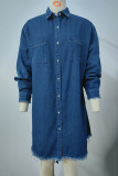 Casual Solid Make Old Turndown Collar Long Sleeve Loose Denim Dresses(  No Belt)