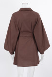 Work Elegant Solid Bandage Turndown Collar Waist Skirt Dresses
