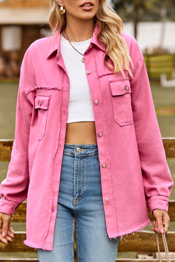 Casual Solid Tassel Turndown Collar Tops