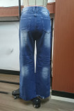 Street Solid Ripped Mid Waist Loose Denim Jeans