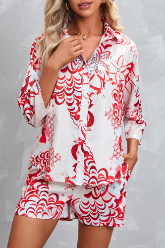 Casual Street Floral Patchwork Turndown Collar Three Quarter Two Pieces