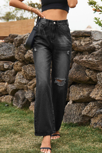 Street Solid Ripped Mid Waist Loose Denim Jeans