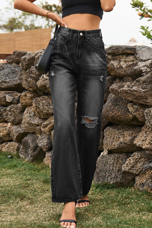 Street Solid Ripped Mid Waist Loose Denim Jeans