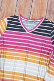 Casual Striped Contrast V Neck Plus Size Tops