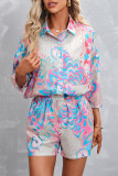 Casual Street Floral Patchwork Turndown Collar Three Quarter Two Pieces