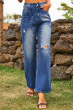 Street Solid Ripped Mid Waist Loose Denim Jeans