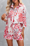 Casual Street Floral Patchwork Turndown Collar Three Quarter Two Pieces