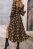 Elegant College Floral Slit Square Collar A Line Dresses