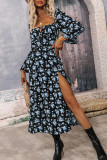 Elegant College Floral Slit Square Collar A Line Dresses