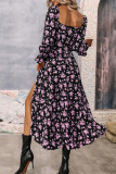 Elegant College Floral Slit Square Collar A Line Dresses